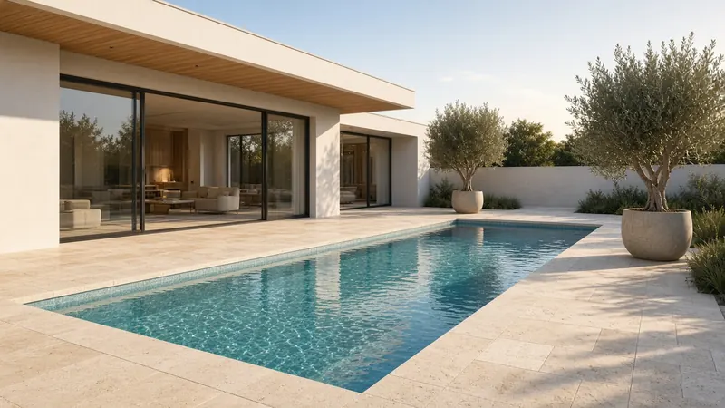 A modern rectangular pool with an aqua quartz finish, an ivory travertine deck and potted olive trees